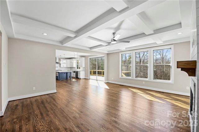 unfurnished living room with coffered ceiling, a healthy amount of sunlight, ceiling fan, and dark wood-type flooring