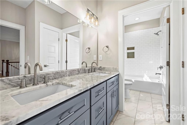 full bathroom featuring tiled shower / bath combo, dual sinks, oversized vanity, and tile flooring