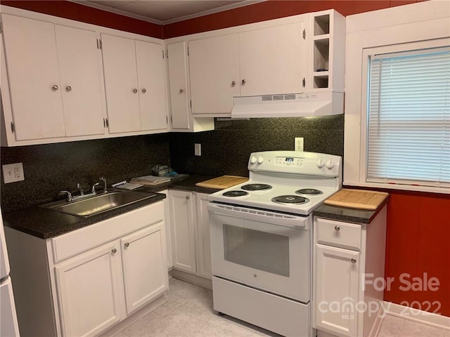 kitchen featuring light tile floors, white cabinetry, white electric stove, backsplash, and sink