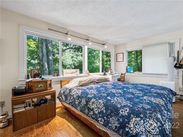 bedroom featuring dark hardwood / wood-style flooring, multiple windows, and a textured ceiling