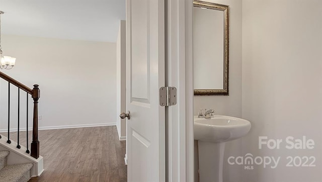 bathroom with hardwood / wood-style floors