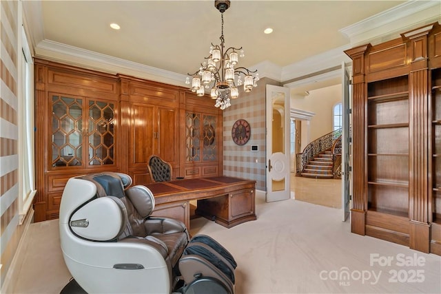 home office with ornamental molding, light carpet, and a notable chandelier