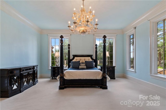 bedroom featuring an inviting chandelier, light colored carpet, and ornamental molding