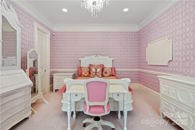 bedroom featuring crown molding and a notable chandelier