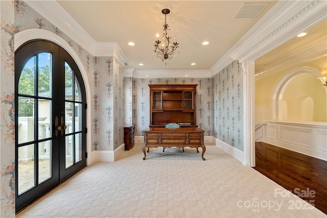 misc room featuring ornamental molding, light colored carpet, a notable chandelier, and french doors