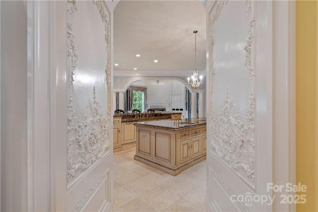 18019 Harbor Light Blvd, Cornelius, NC 28031 - bathroom featuring vanity, a chandelier, tile patterned floors, recessed lighting, and ornamental molding