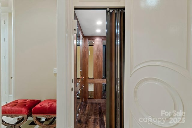 18019 Harbor Light Blvd, Cornelius, NC 28031 - hall featuring elevator, wood finished floors, and recessed lighting