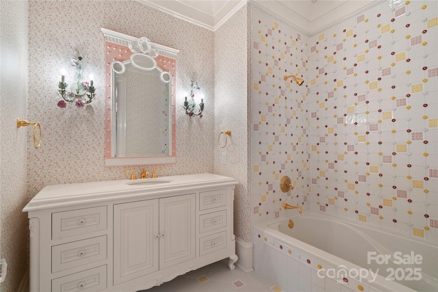 18019 Harbor Light Blvd, Cornelius, NC 28031 - full bath featuring wallpapered walls, crown molding, tile patterned floors, vanity, and shower / washtub combination