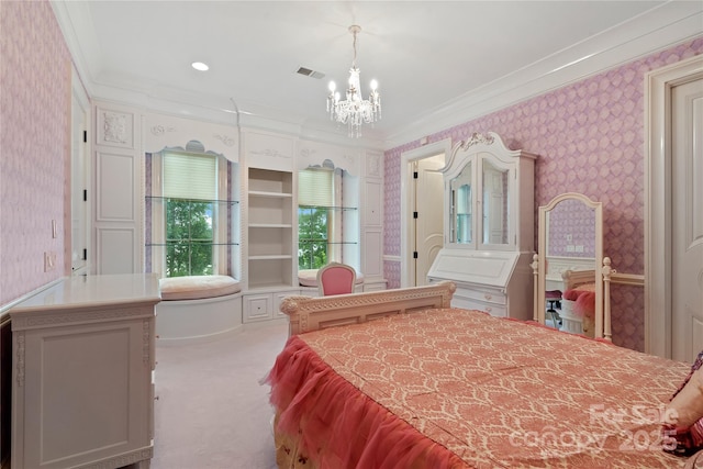 18019 Harbor Light Blvd, Cornelius, NC 28031 - carpeted bedroom with wallpapered walls, ornamental molding, and a chandelier