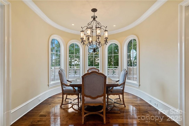 18019 Harbor Light Blvd, Cornelius, NC 28031 - dining room with ornamental molding, a chandelier, baseboards, dark wood-style floors, and recessed lighting