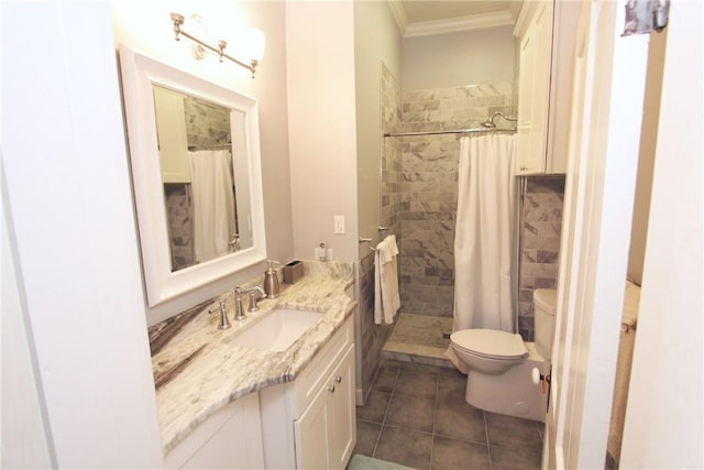 bathroom with toilet, crown molding, a shower with shower curtain, tile flooring, and large vanity