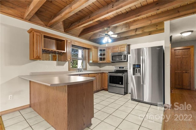 kitchen featuring stainless steel appliances, beam ceiling, wooden ceiling, ceiling fan, and kitchen peninsula