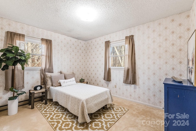 bedroom with a textured ceiling, carpet flooring, and multiple windows