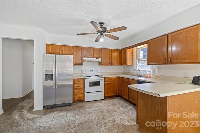 kitchen featuring white electric stove, tile flooring, stainless steel fridge, ceiling fan, and sink