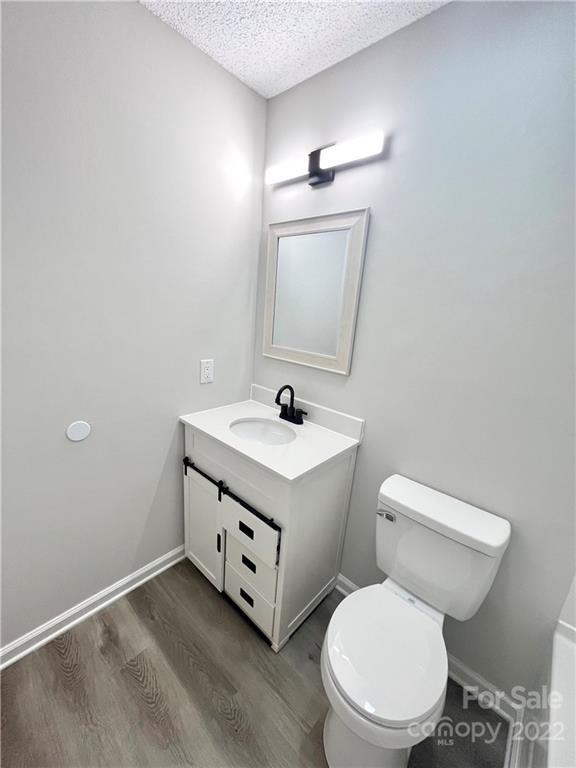 bathroom featuring vanity, a textured ceiling, wood-type flooring, and toilet