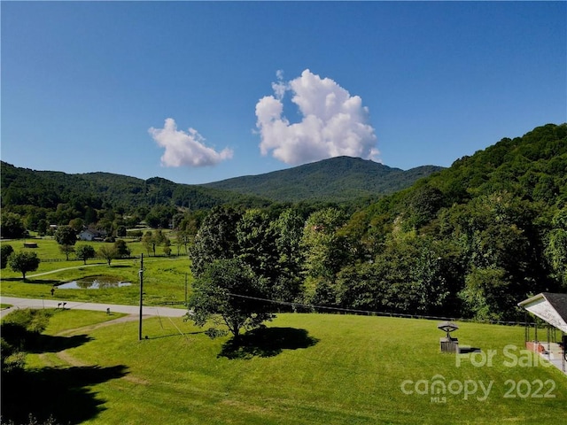 exterior space with a mountain view and a lawn