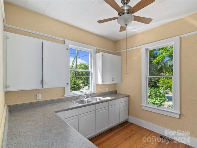 kitchen featuring sink, light wood-type flooring, white cabinetry, and a healthy amount of sunlight