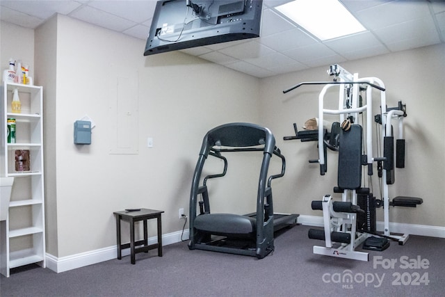 exercise room with a drop ceiling and dark colored carpet