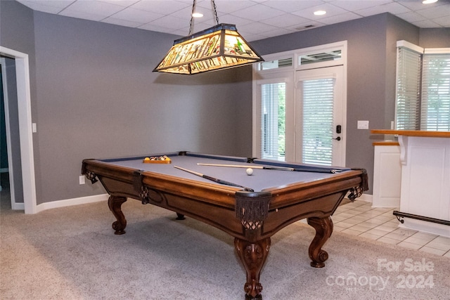 playroom with a paneled ceiling, light tile patterned flooring, and billiards