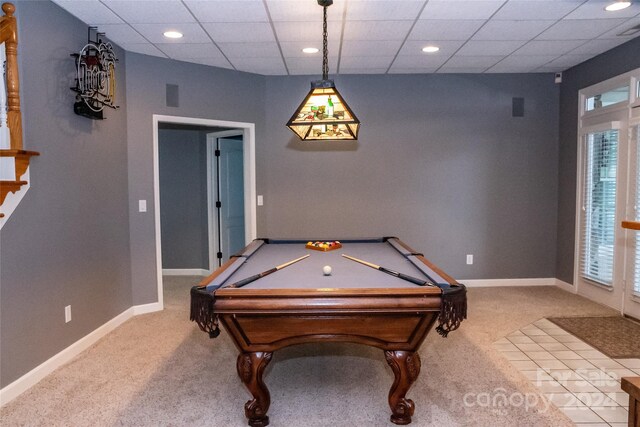 recreation room with carpet floors and billiards