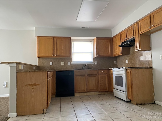 kitchen with black dishwasher, dark stone counters, backsplash, and electric range