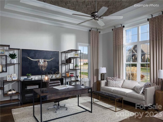 office space with ceiling fan, a raised ceiling, plenty of natural light, and dark wood-type flooring