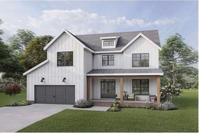 modern inspired farmhouse featuring a porch, a front lawn, and a garage