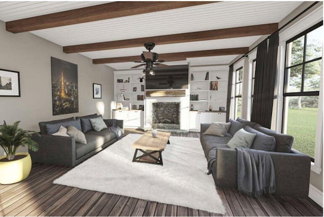 living room featuring dark hardwood / wood-style flooring, ceiling fan, and beamed ceiling