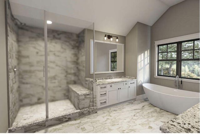 bathroom featuring a bathtub, large vanity, and lofted ceiling