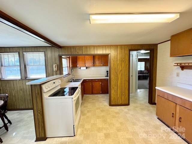 kitchen with white range with electric stovetop, wooden walls, and sink