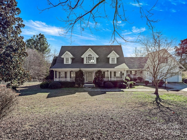 cape cod home featuring a front lawn, covered porch, and a garage