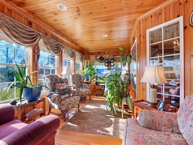 sunroom with wood ceiling