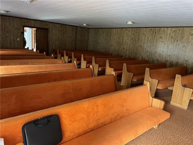 home theater room featuring wooden walls and carpet