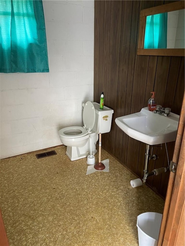 bathroom with wooden walls, sink, and toilet