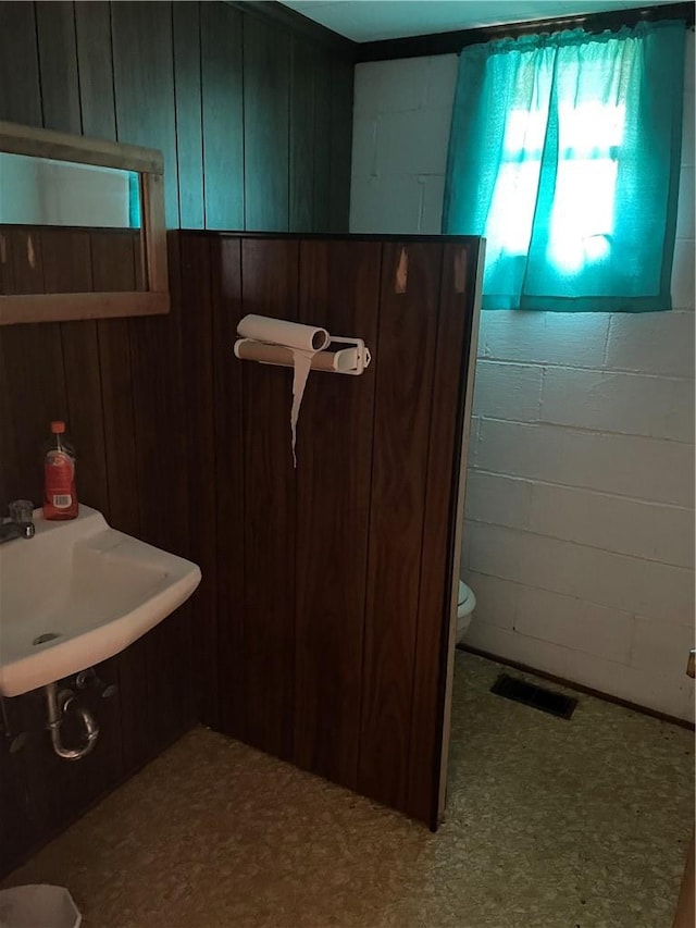 bathroom featuring toilet, wood walls, and sink