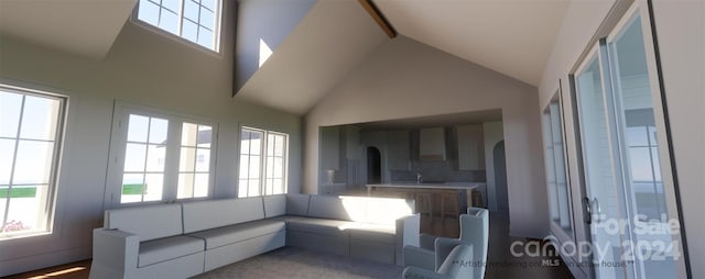 living room with high vaulted ceiling