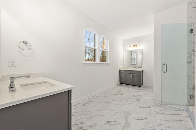 bathroom with tile floors, an enclosed shower, and vanity with extensive cabinet space