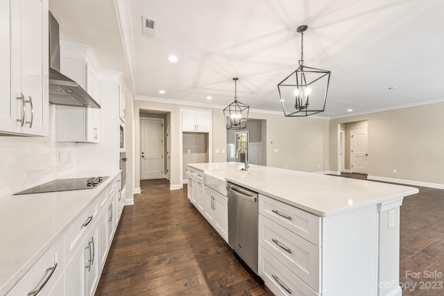 kitchen featuring wall chimney exhaust hood, an island with sink, dark hardwood / wood-style flooring, and white cabinetry