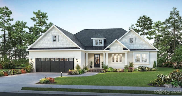 craftsman house with a front yard and a garage