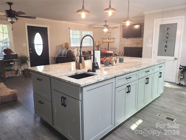 kitchen featuring a center island with sink, sink, ceiling fan, and dark hardwood / wood-style floors