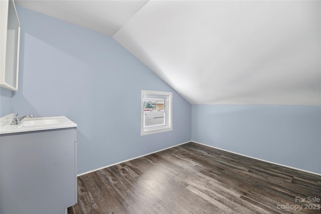 additional living space featuring vaulted ceiling, sink, and dark hardwood / wood-style flooring