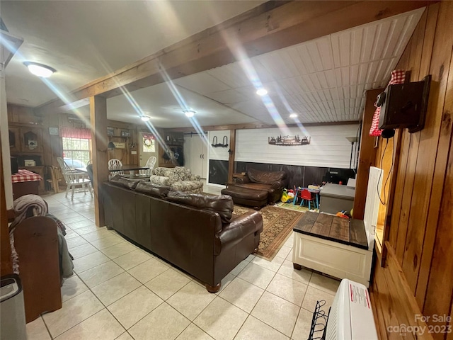 tiled living room with wood walls