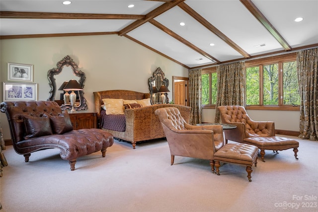 carpeted living room featuring vaulted ceiling with beams