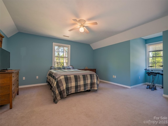 bedroom featuring ceiling fan, carpet, and multiple windows