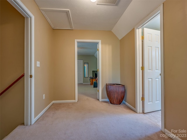 interior space with lofted ceiling, a textured ceiling, and light colored carpet