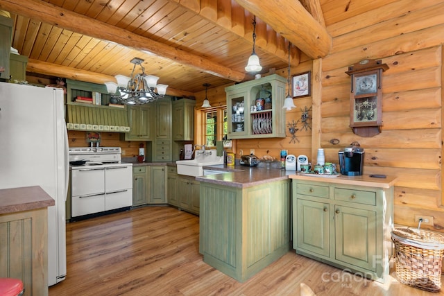 kitchen featuring hanging light fixtures, light hardwood / wood-style flooring, green cabinets, beamed ceiling, and white appliances