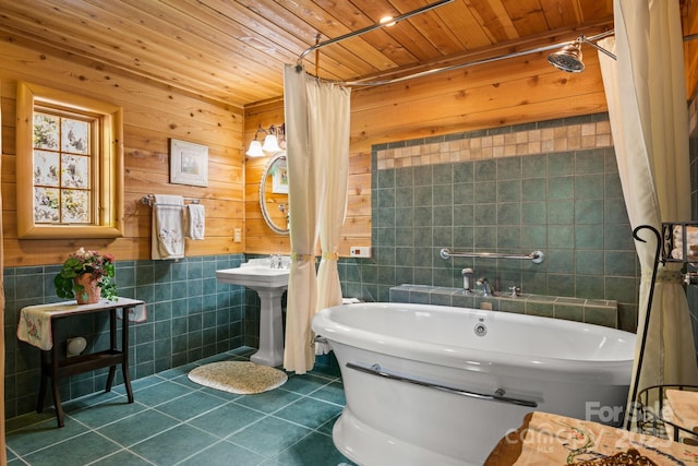 bathroom featuring wood ceiling, wooden walls, tile patterned flooring, and tile walls