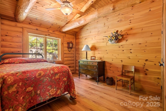 bedroom featuring lofted ceiling with beams, wooden ceiling, ceiling fan, log walls, and light hardwood / wood-style floors