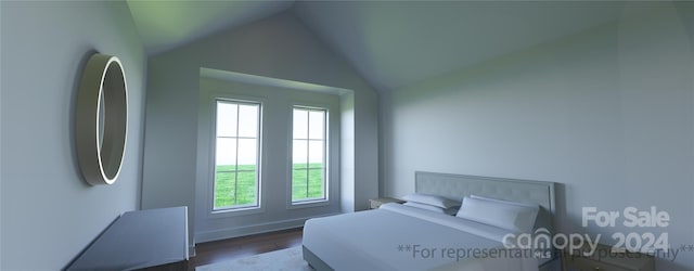 bedroom with dark hardwood / wood-style flooring and vaulted ceiling