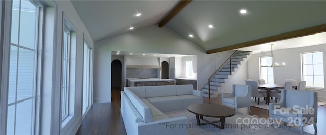 living room with an inviting chandelier, dark wood-type flooring, high vaulted ceiling, and beamed ceiling